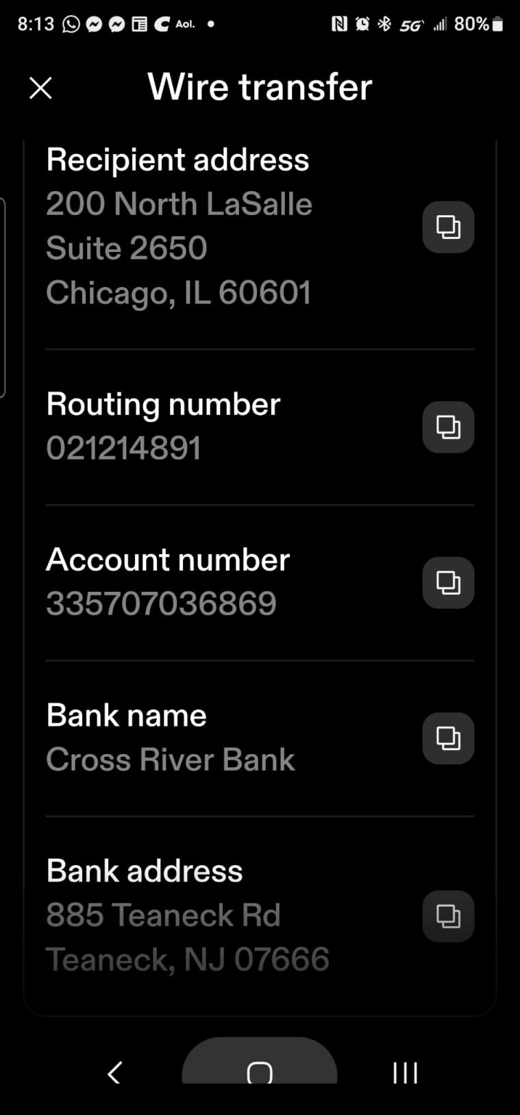 这是验证通过之后获取的电汇地址！ 验证完成后一样的获取流程！ 点击主页右上角的小人头，到达信息页！下滑到最底下点击Wire transfer，获取电汇地址！让客户直接电汇等待到账！.jpg