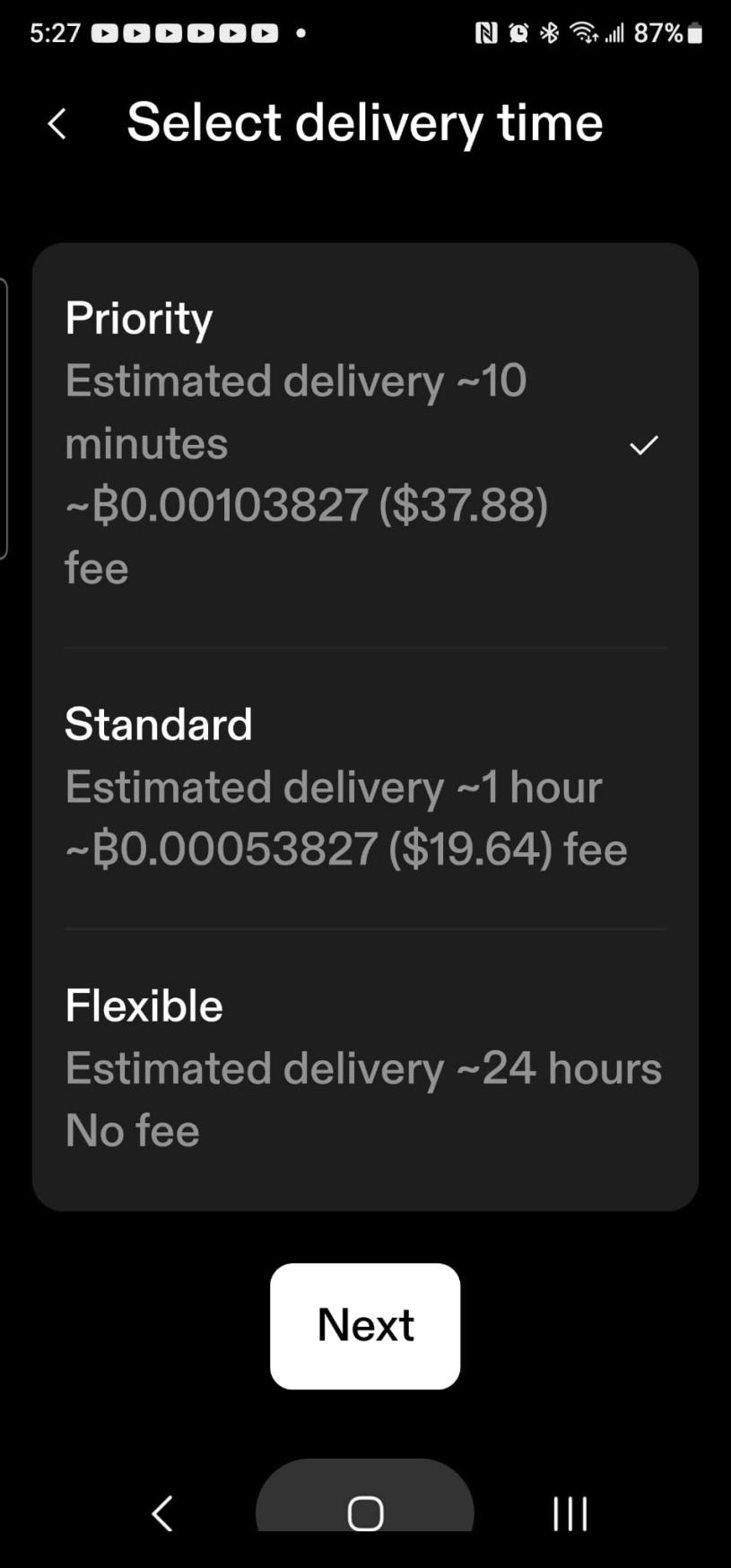 这里我们需要选择第一个网络，到账很快，手续费高些， 第二第三个网络手续低但是很慢！ 选择完成后点击Next.jpg